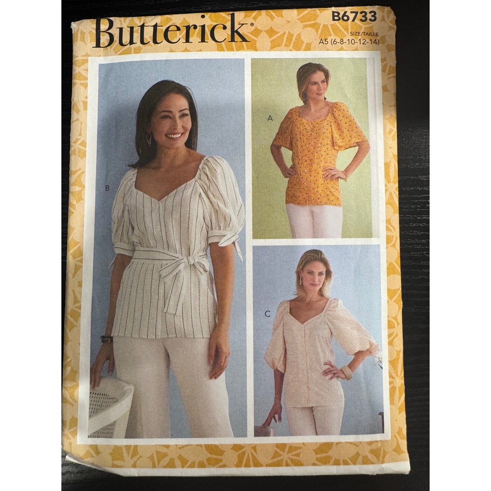 Butterick B6733 Sewing Pattern Misses Top Sz 6-14 Yellow White Puff Sleeve EX